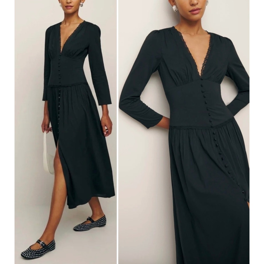 REFORMATION Lillia V Neck Drop Waist Long Sleeve Midi Dress Dark Romantic